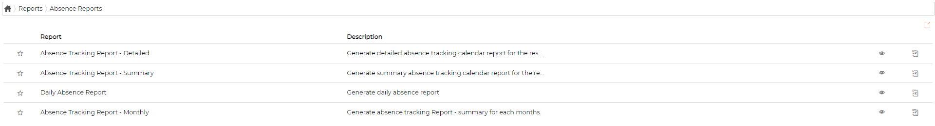 The Absence Reports list, each report with a description, a favourite star and a preview