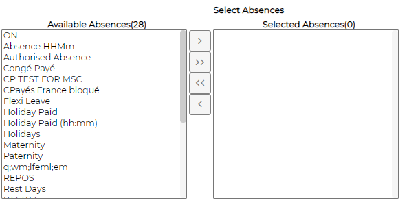 The Select Absences panel, choosing which absence types to include