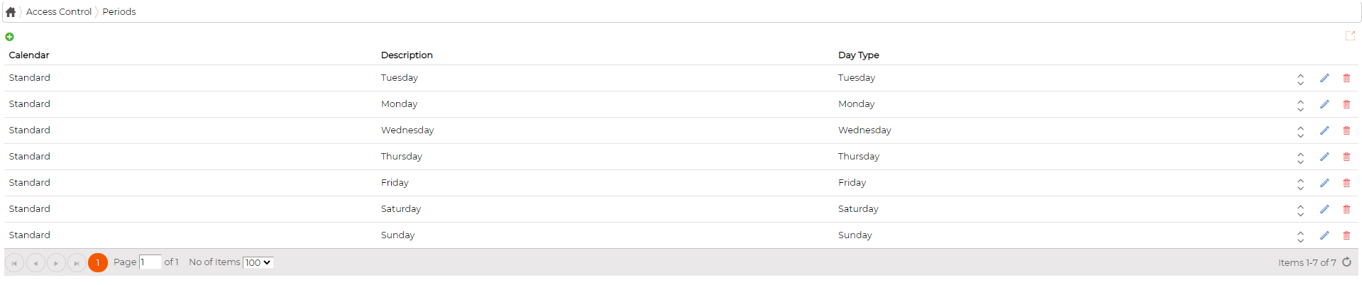 The Periods list, each linking a calendar and description to a day type