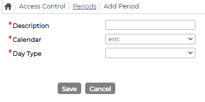 The Add Period form: description, calendar and day type