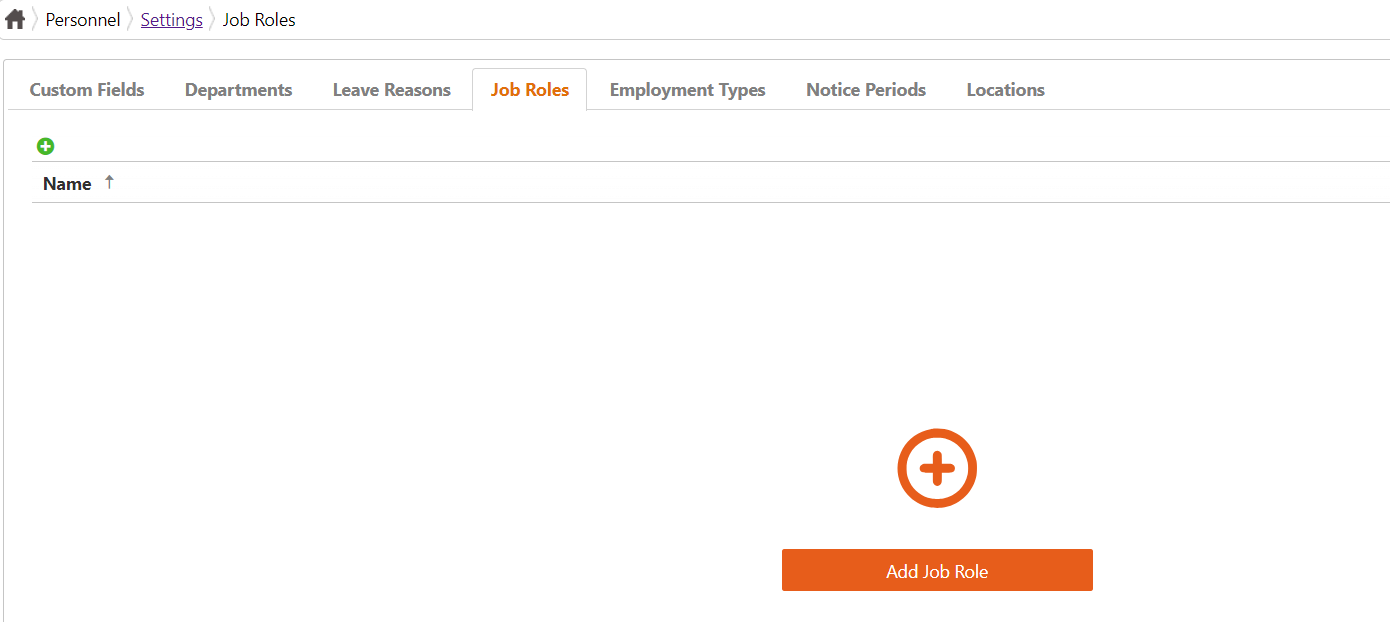 The Job Roles tab under Personnel Settings, alongside tabs for Custom Fields, Departments, Leave Reasons, Employment Types, Notice Periods and Locations, with an Add Job Role button