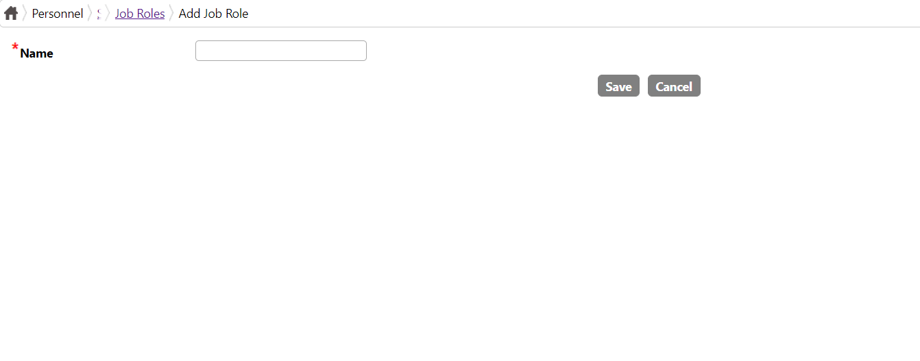 The Add Job Role form with a single required Name field and Save and Cancel buttons