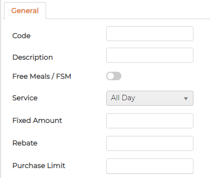 The tariff form: Code, Description, a Free Meals / FSM toggle, a Service dropdown set to All Day, Fixed Amount, Rebate and Purchase Limit