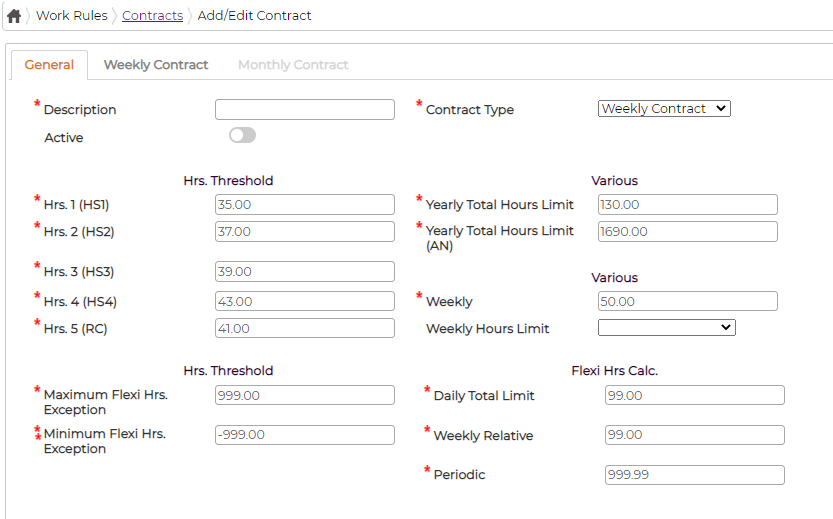 The Add/Edit Contract General tab: Description, Active, Contract Type, the Hrs. Threshold fields HS1 to HS4 and RC, yearly and weekly hours limits, flexi exceptions and the Flexi Hrs. Calc fields