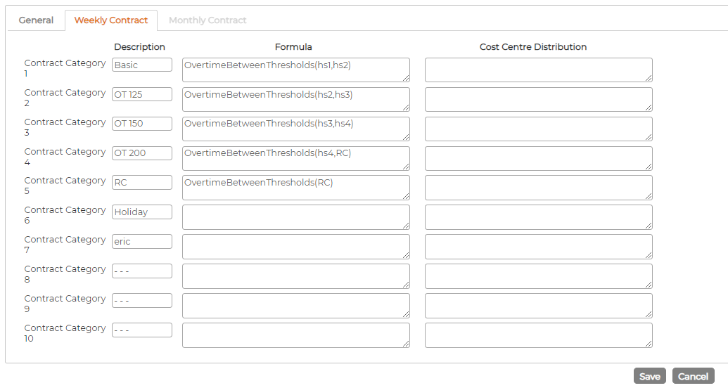 The Weekly Contract tab: the ten Contract Categories each with a Description, a Formula such as OvertimeBetweenThresholds(hs1,hs2), and a Cost Centre Distribution column
