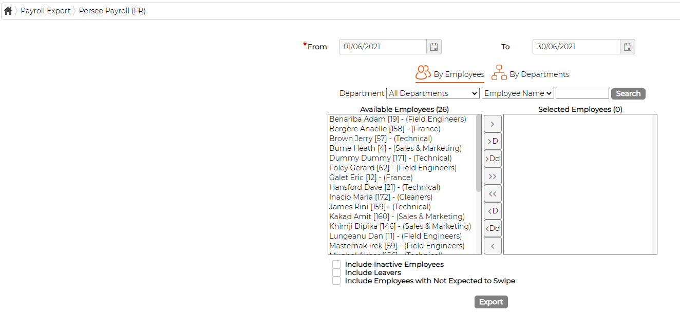 The Persee Payroll (FR) export screen: a date range, By Employees and By Departments, the Available and Selected employee lists, and an Export button
