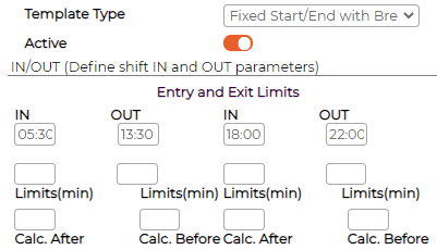 The Fixed Start/End with Break template, with two IN/OUT pairs and a break between them