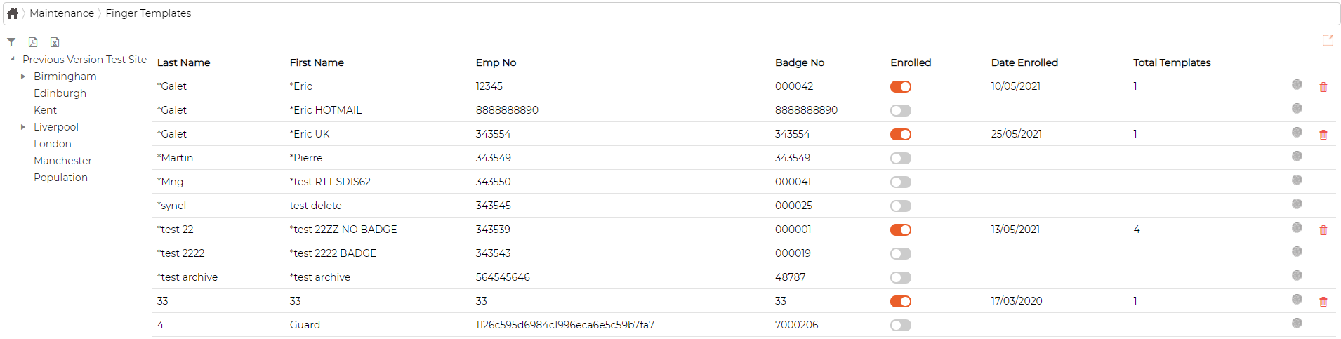 The Finger Templates screen: a department tree on the left and a table of employees with name, employee and badge number, an Enrolled toggle, a Date Enrolled, a Total Templates count, an enrol icon, and a delete icon on enrolled rows
