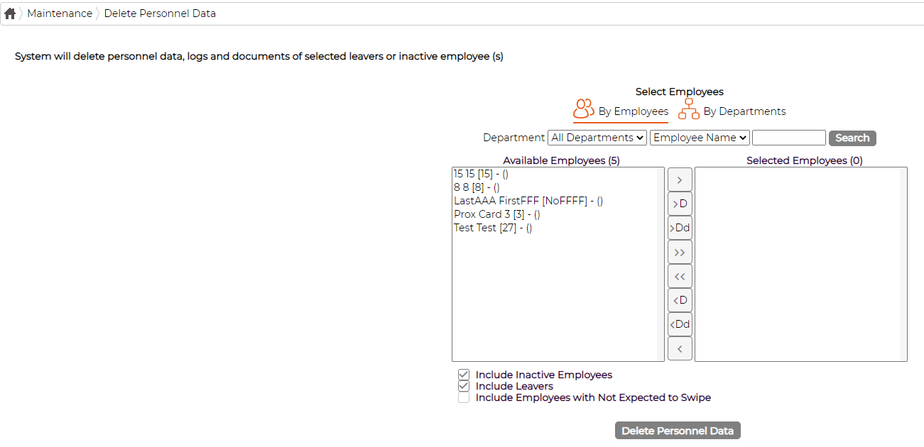 The Delete Personnel Data screen: a warning that personnel data, logs and documents will be deleted for leavers or inactive employees, the employee picker with Include Inactive Employees and Include Leavers ticked, and a Delete Personnel Data button