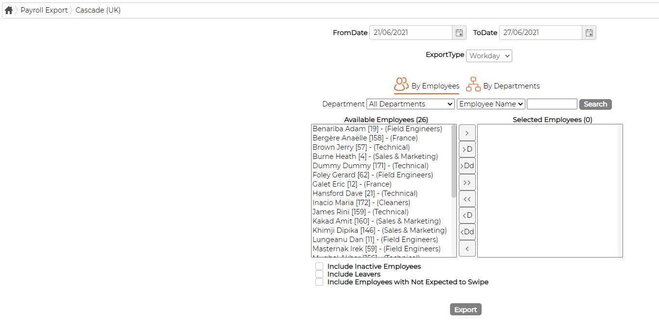 The Cascade (UK) export screen: FromDate and ToDate, an ExportType dropdown set to Workday, the employee picker and an Export button