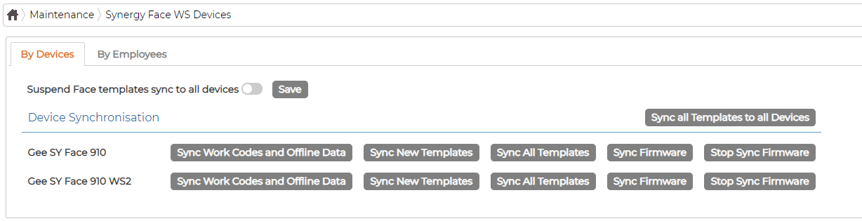 The Synergy Face WS Devices maintenance screen, By Devices tab: a Suspend Face templates sync toggle, a Sync all Templates to all Devices button, and a row per device with Sync Work Codes and Offline Data, Sync New Templates, Sync All Templates, Sync Firmware and Stop Sync Firmware actions