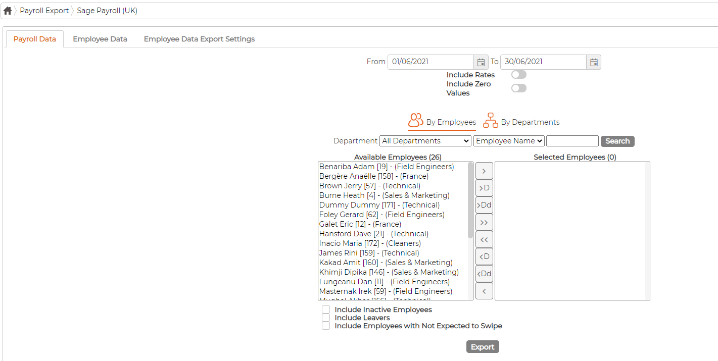 The Sage Payroll (UK) export screen: Payroll Data, Employee Data and Employee Data Export Settings tabs, a date range, Include Rates and Include Zero Values toggles, the employee picker and an Export button