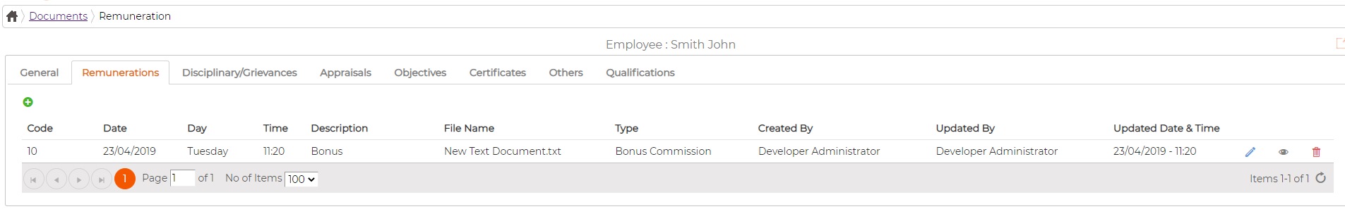 The Remunerations tab listing each entry with its code, description, type and who created or updated it