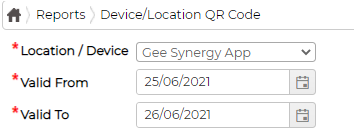 The Device/Location QR Code report options: location or device, and valid-from and valid-to dates