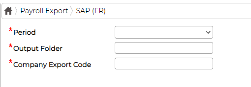 The SAP (FR) export screen with three required fields: Period, Output Folder and Company Export Code
