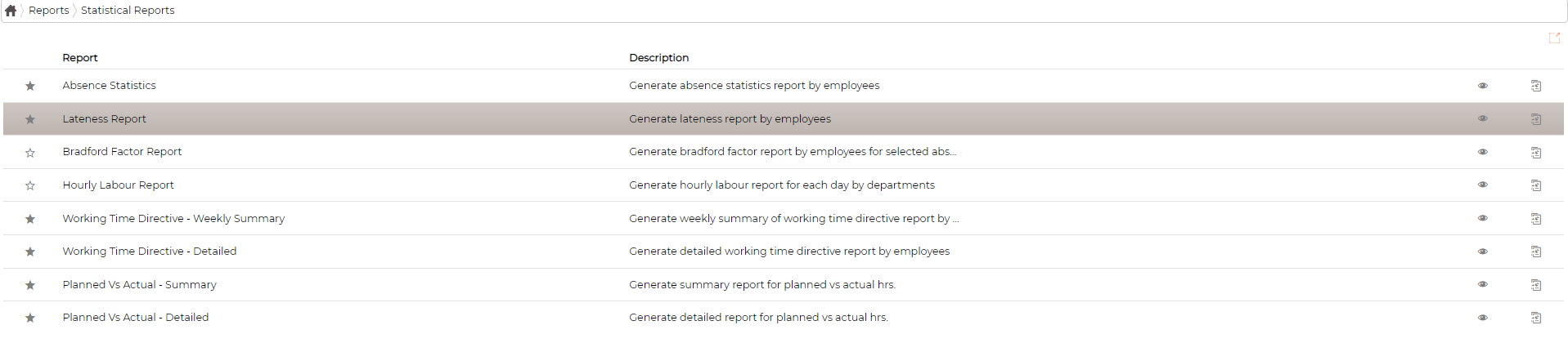 The Statistical Reports list, each report with a description, a favourite star and a preview