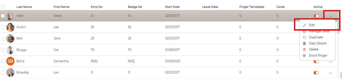 The employee list with a row's menu open, showing Edit, Manage Cards, Duplicate, Daily Details, Delete and Enroll Finger