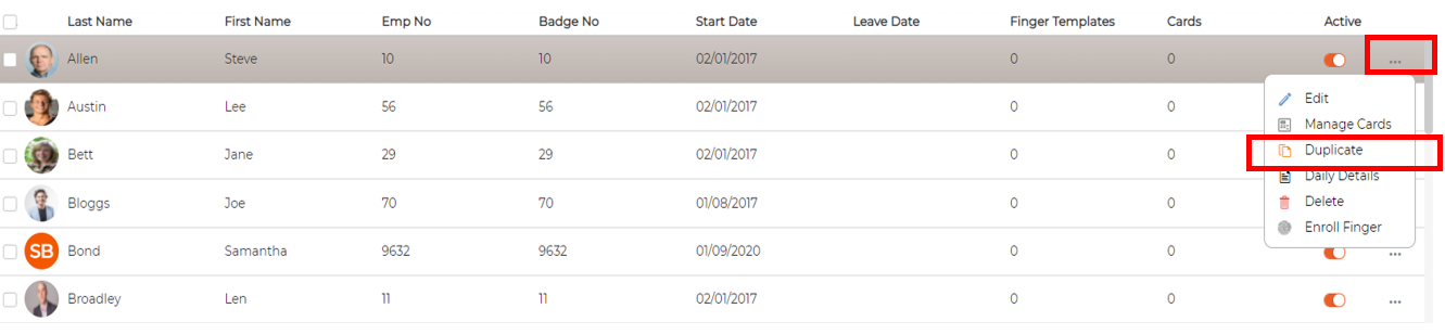 The employee list with a row's menu open, showing Duplicate among the actions