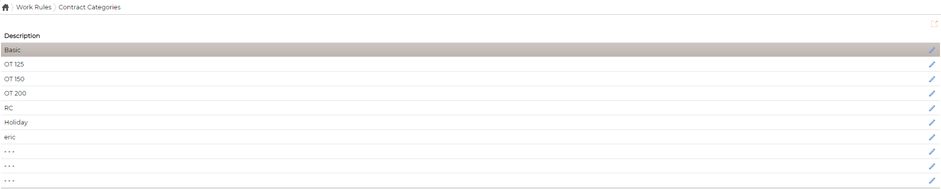 The Contract Categories list under Work Rules, ten Description rows with the first few named Basic, OT 125, OT 150, OT 200, RC and Holiday, and an edit icon on each row