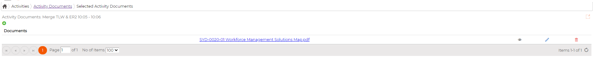 The documents held against a selected activity, with add, view, edit and delete
