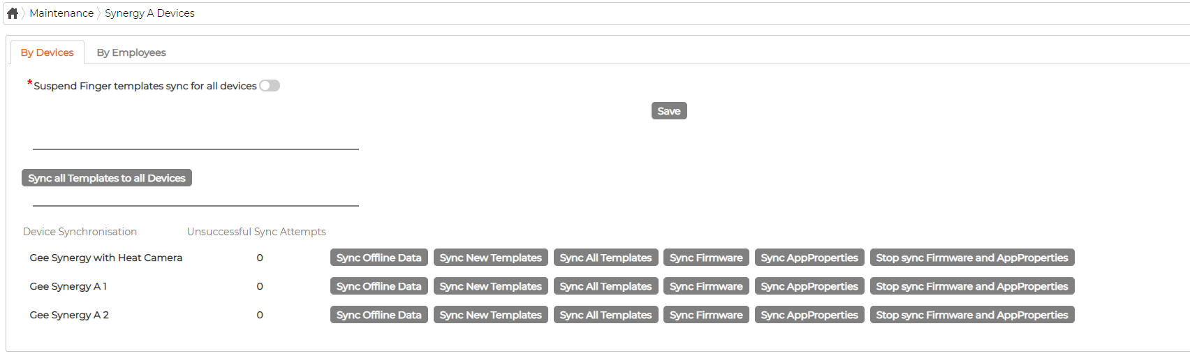 The Synergy A Devices maintenance screen, By Devices tab: a Suspend Finger templates sync toggle, a Sync all Templates to all Devices button, and a row per device with its unsuccessful sync attempts and Sync Offline Data, Sync New Templates, Sync All Templates, Sync Firmware and Sync AppProperties actions