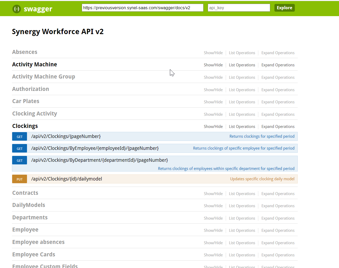 The Swagger UI for Synergy Workforce API v2, listing resource groups such as Absences, Clockings, Contracts and Departments, with the Clockings operations expanded to show their GET and PUT endpoints