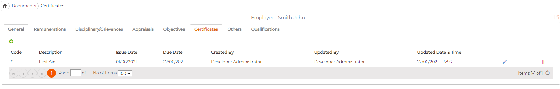 The Certificates tab showing each certificate with its issue and due dates