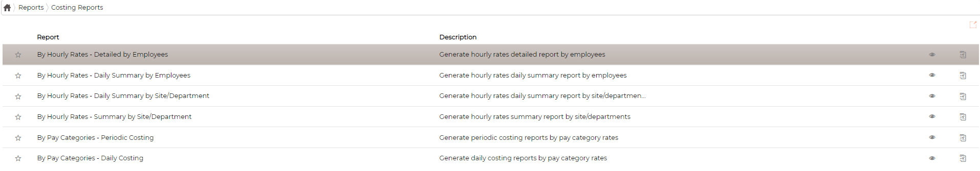 The Costing Reports list, each report with a description, a favourite star and a preview