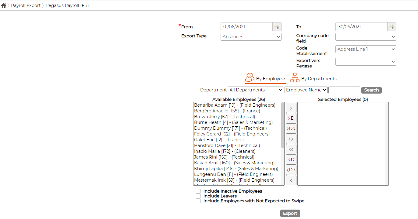 The Pegasus Payroll (FR) export screen: a date range, the Export Type, Company code field, Code Etablissement and Export vers Pegase dropdowns, the employee picker and an Export button