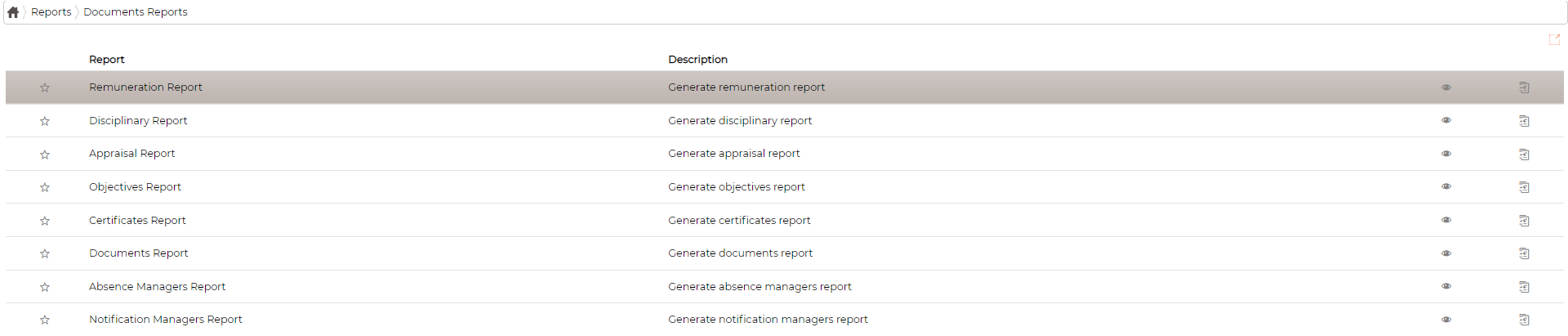 The Documents (E-filing) Reports list, each report with a description, a favourite star and a preview