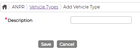 The Add Vehicle Type form with a single required Description field and Save and Cancel buttons