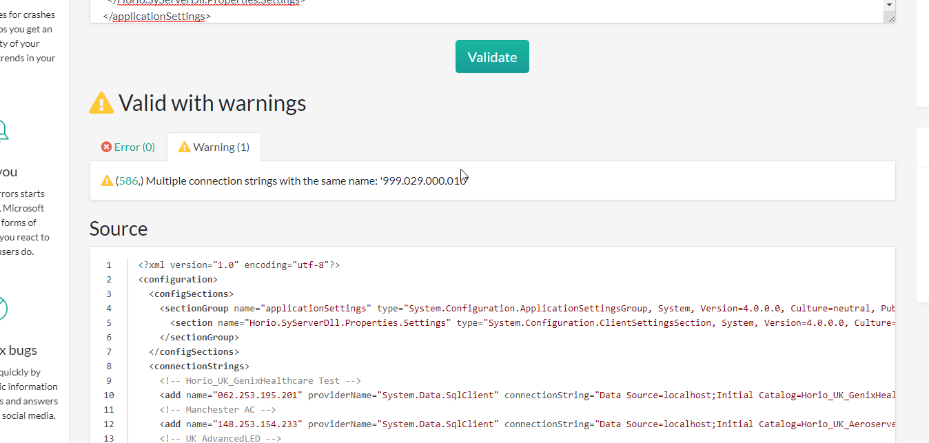 The elmah.io config validator showing a Validate button and a Valid with warnings result, with an Errors tab and a Warnings tab; the warning flags duplicate connection string names