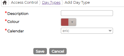 The Add Day Type form: description, colour and calendar