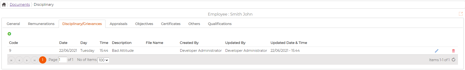 The Disciplinary and Grievances tab listing each entry