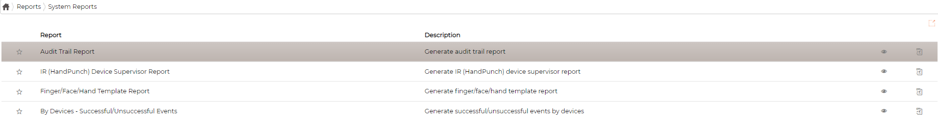 The System Reports list, each report with a description, a favourite star and a preview