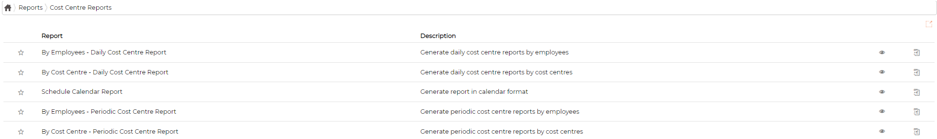 The Cost Centre Reports list, each report with a description, a favourite star and a preview
