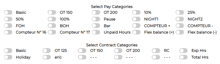 The Pay Categories and Contract Categories selection