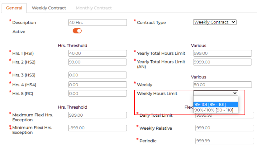 A contract's General tab with the Weekly Hours Limit dropdown open, listing the 99-101 and 90%-110% bands
