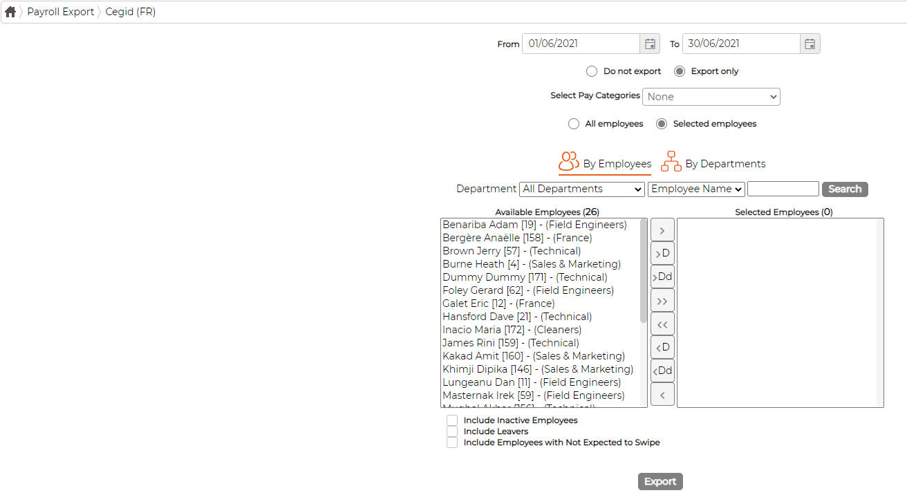 The Cegid (FR) export screen: a date range, Do not export and Export only options, a Select Pay Categories dropdown, All employees and Selected employees options, the employee picker and an Export button