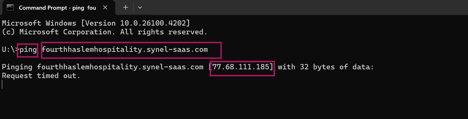 A Command Prompt window showing a ping to a Fourth URL, with the resolved IP address shown in square brackets in the response, and the ping itself timing out