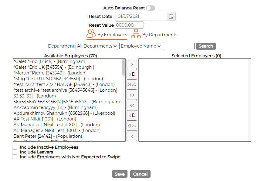 The Balance Reset screen with Auto Balance Reset off: a Reset Date, a Reset Value, the employee picker and Save and Cancel buttons