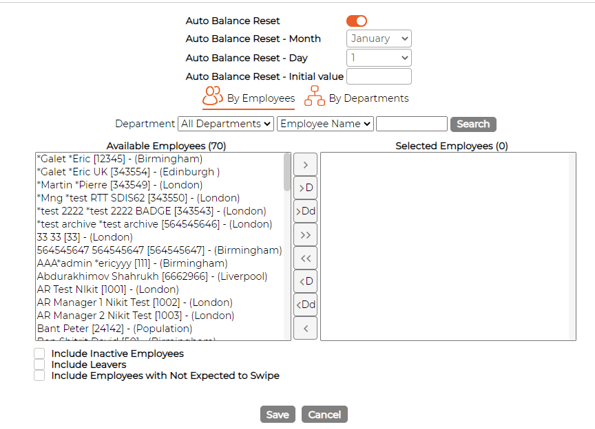 The Balance Reset screen with Auto Balance Reset on: Month, Day and Initial value fields, the employee picker and Save and Cancel buttons