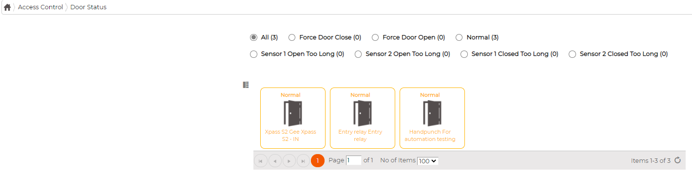 The Door Status screen, each door shown with its current state, with filters for forced, normal and sensor conditions