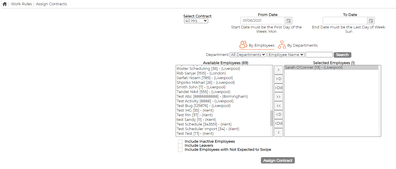 The Assign Contracts screen: Select Contract set to 40 Hrs, From and To dates with the Monday-to-Sunday note, By Employees selected, and Available and Selected employee lists with an Assign Contract button