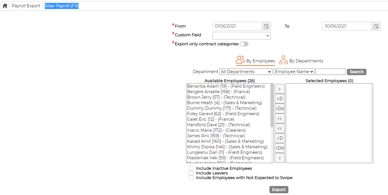The Silae Payroll (FR) export screen: a date range, a required Custom field dropdown, an Export only contract categories toggle, the employee picker and an Export button