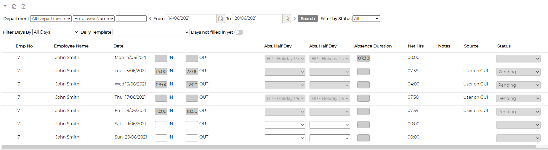 The employee timesheet with IN and OUT times entered per day and a Pending status