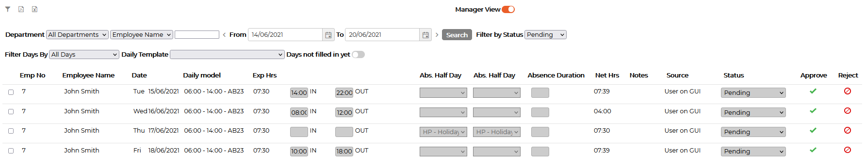 Manager View with Approve and Reject against each submitted day
