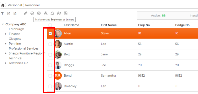 The employee list with employees selected by checkbox and the Mark selected Employees as Leavers action in the toolbar