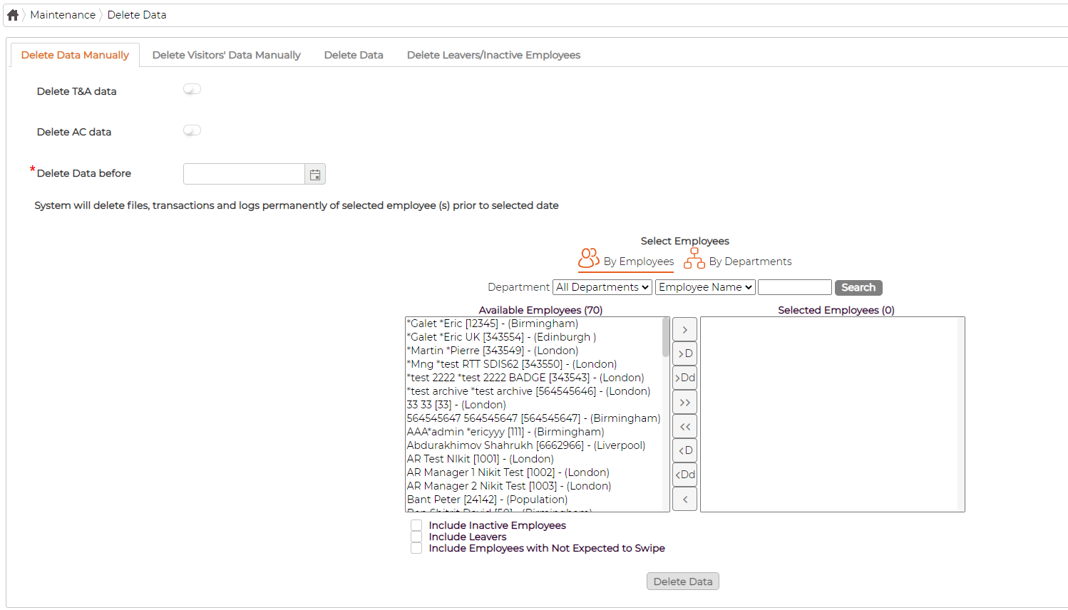The Delete Data maintenance screen on the Delete Data Manually tab: Delete T&A data and Delete AC data toggles, a required Delete Data before date, a warning that data is deleted permanently, the employee picker and a Delete Data button