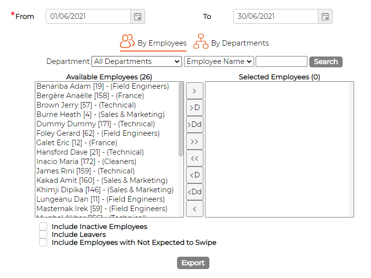 The CIEL (FR) export screen: a From and To date range, By Employees and By Departments, the Available and Selected employee lists, and an Export button
